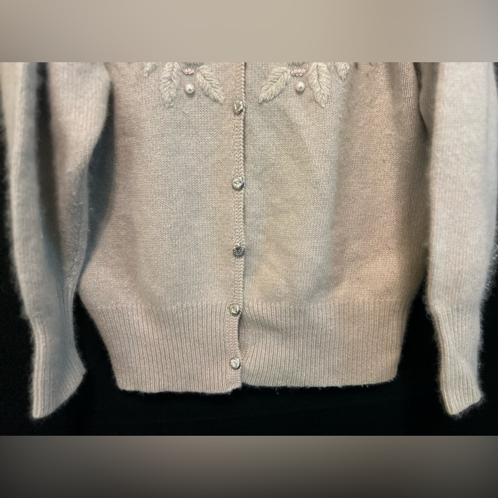 Magnolia Vintage Pearl Detail Beige/tan Lambswool Luxury Cardigan Size XL - Picture 7 of 16